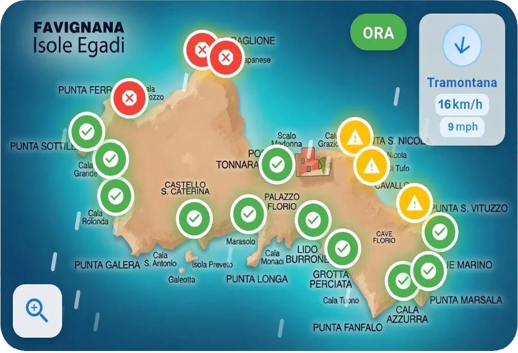 Schermata mappa di Favignana Top Spot con indicazioni semaforiche e vento