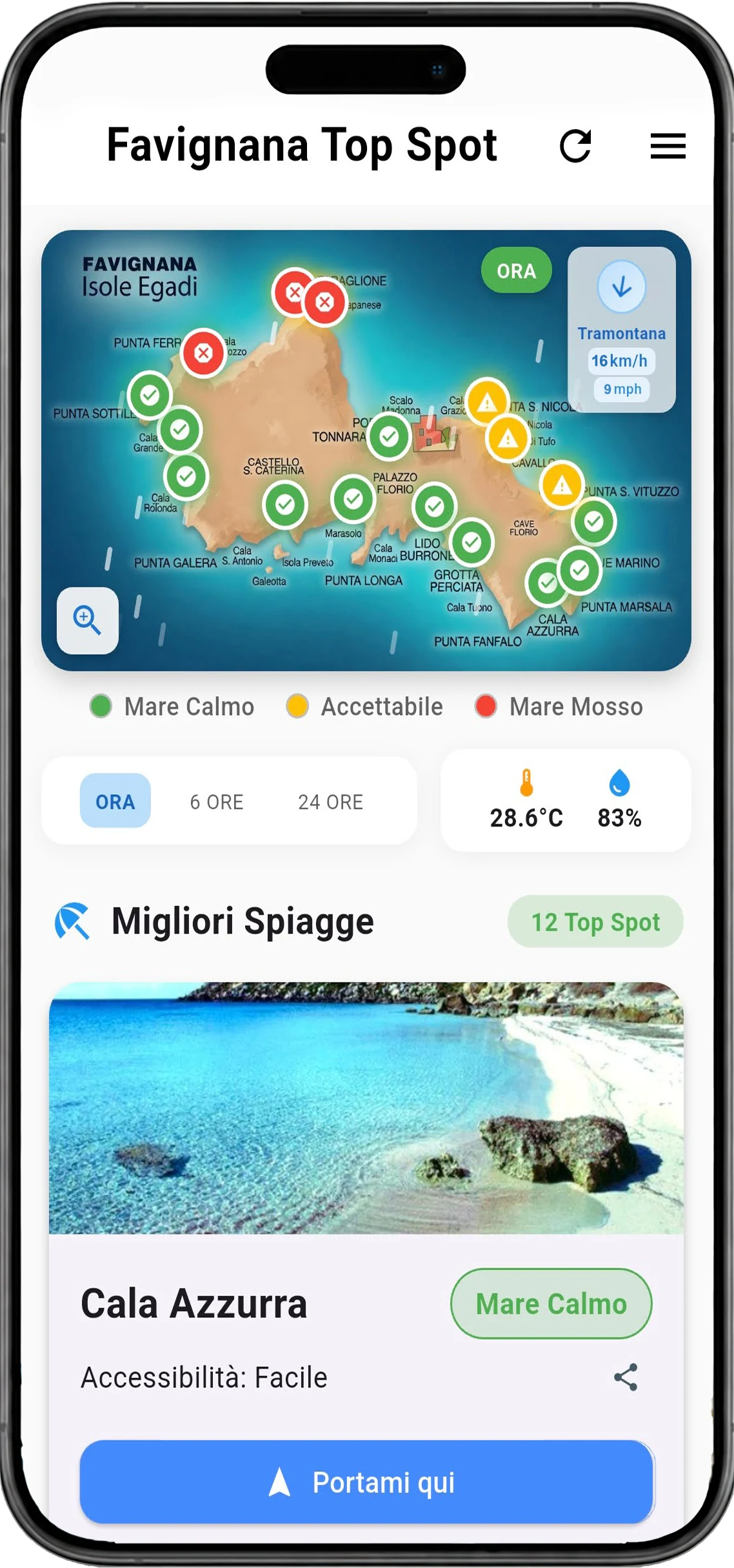 Favignana Top Spot aperta su smartphone con mappa, condizioni e card dello spot