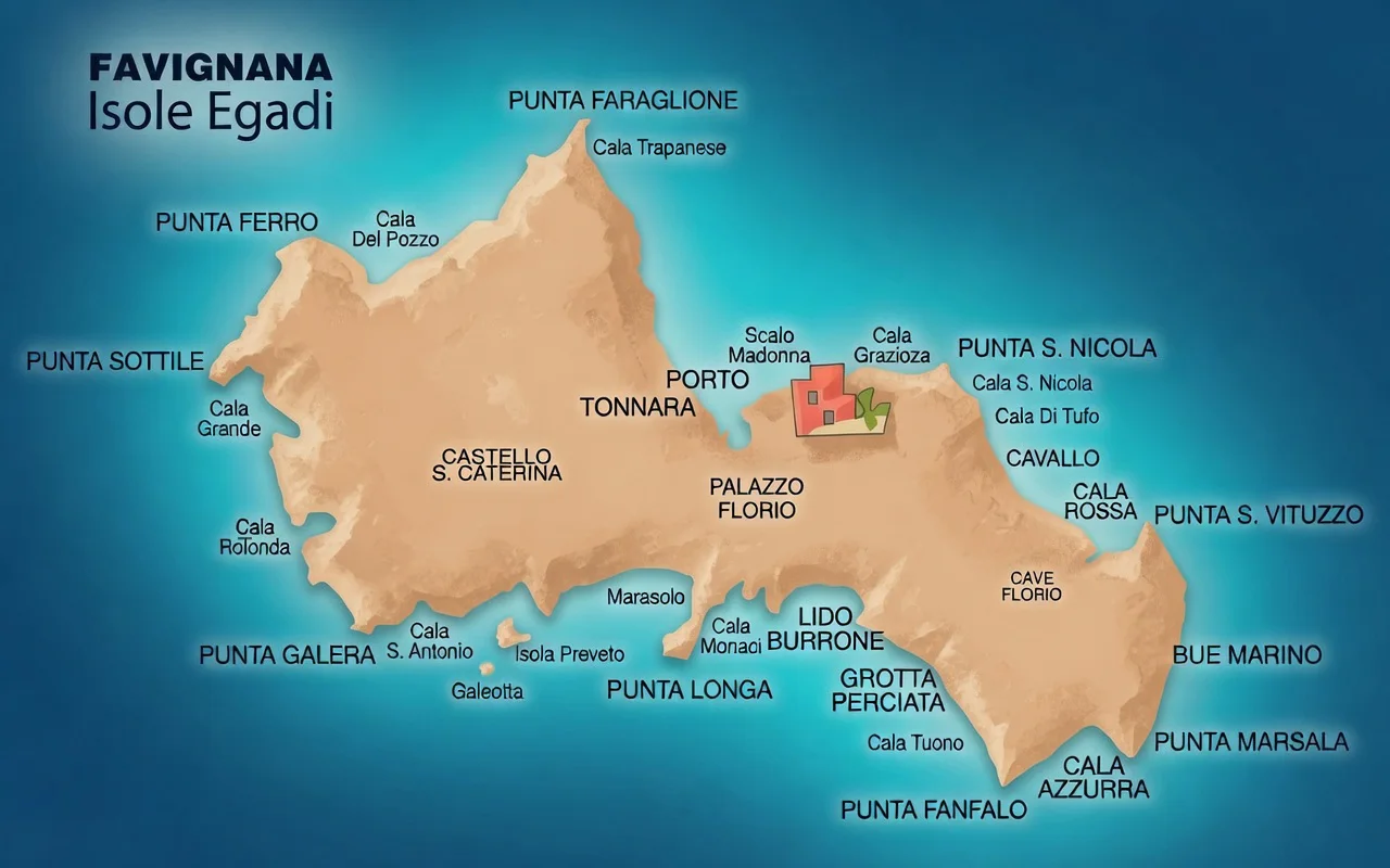 Mappa illustrata di Favignana e dei suoi principali luoghi